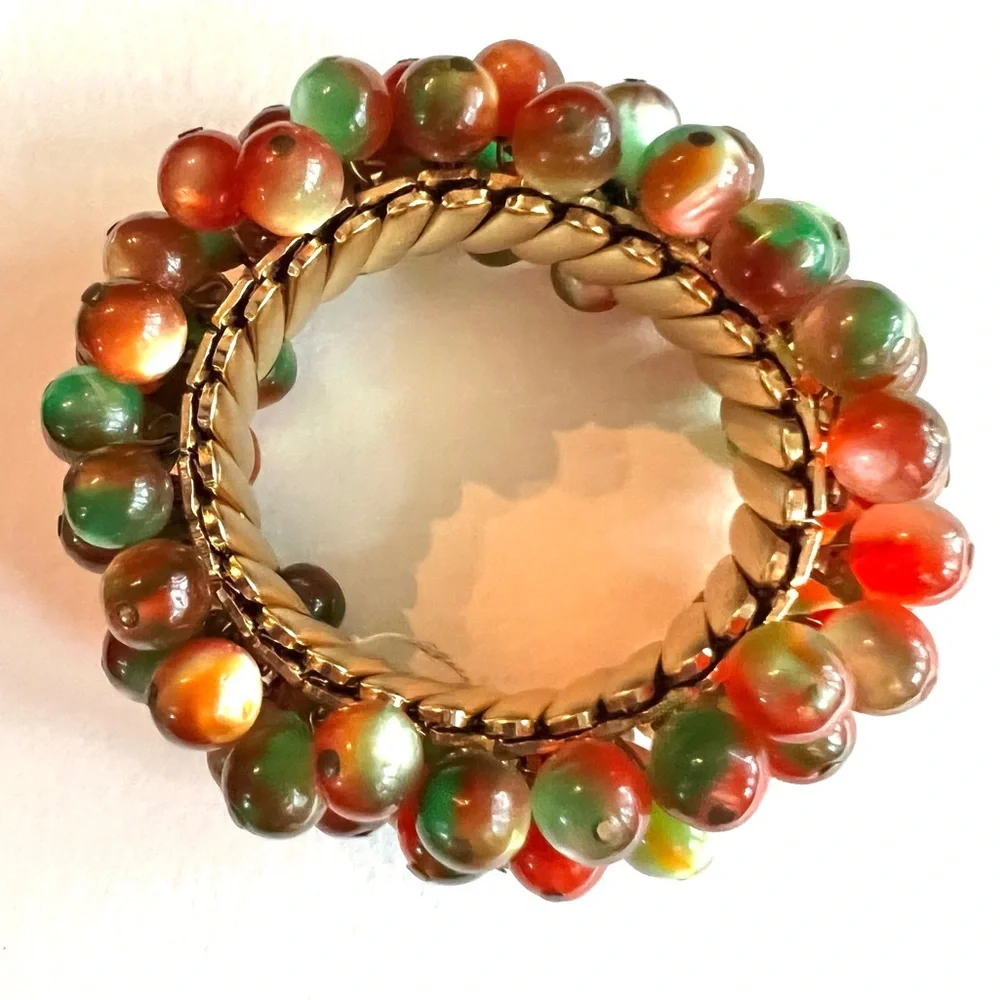 Vintage Cha Cha Bracelet Two Tone Moon Glow Stretchy Beaded Cuff Retro Jewelry